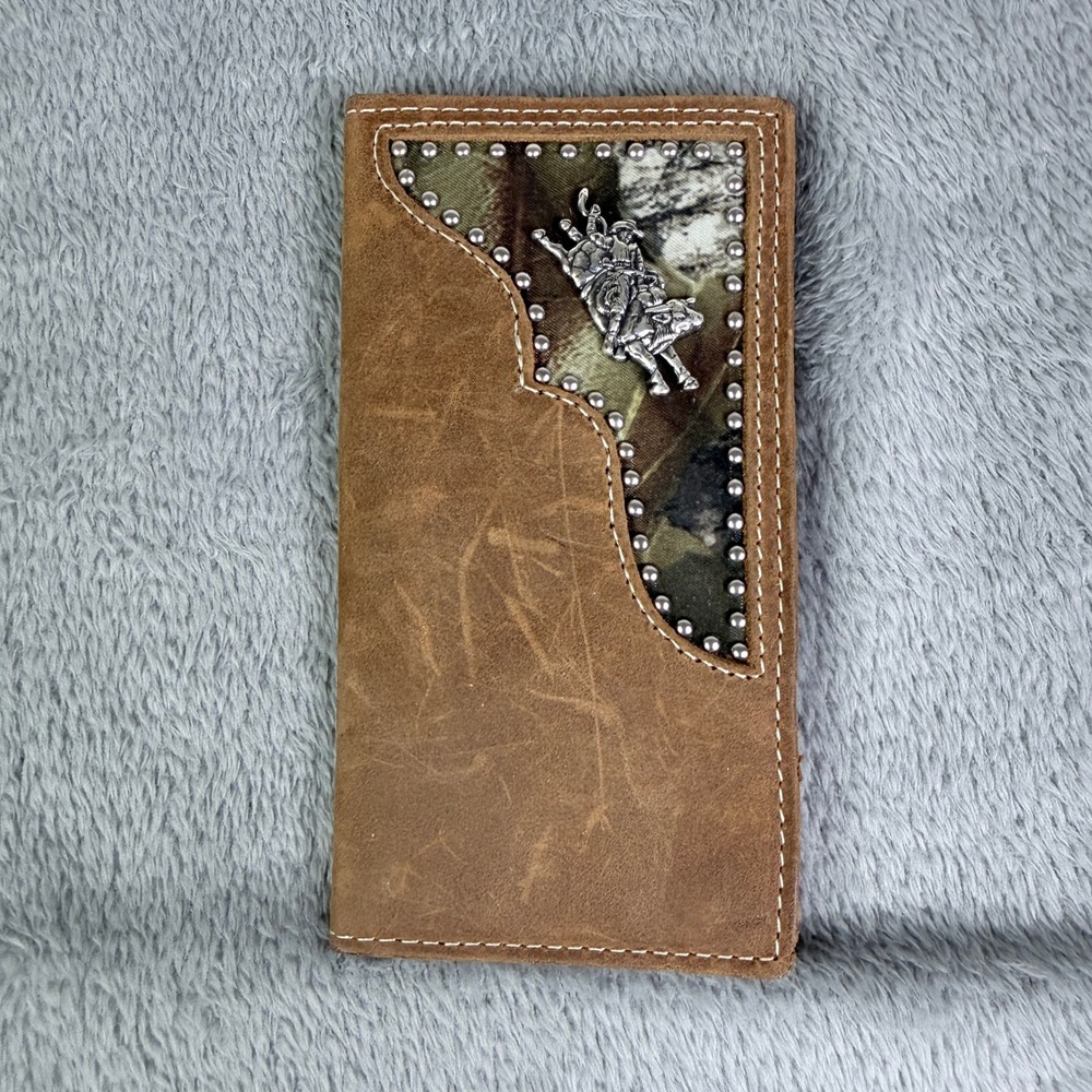 Nocona Mens Brown Leather Rodeo Wallet Camo Bull Rider Studded Western Bifold